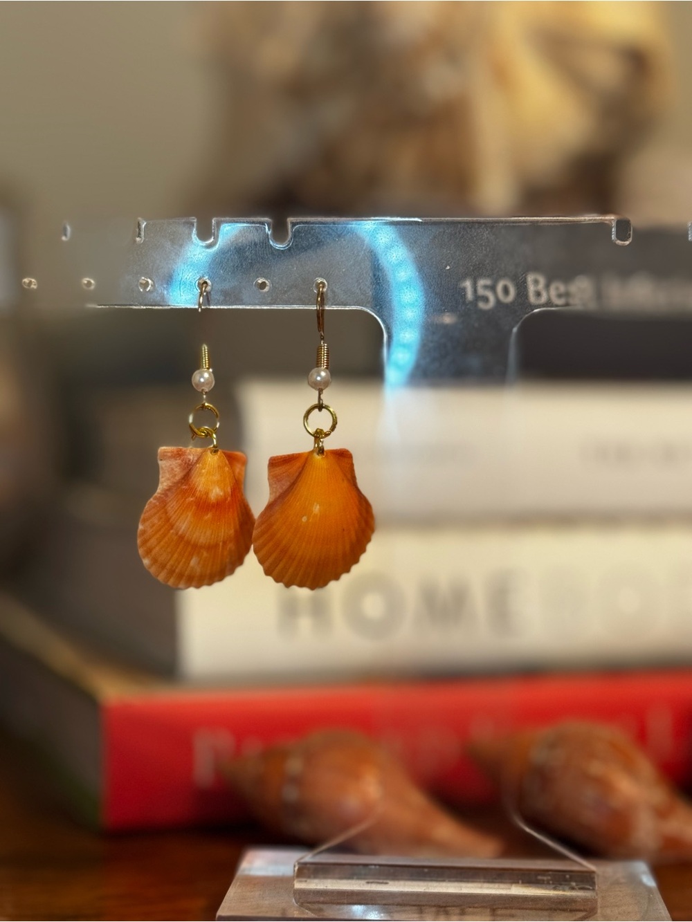 Handmade Orange Seashell Dangle Earrings with Pearl Accent